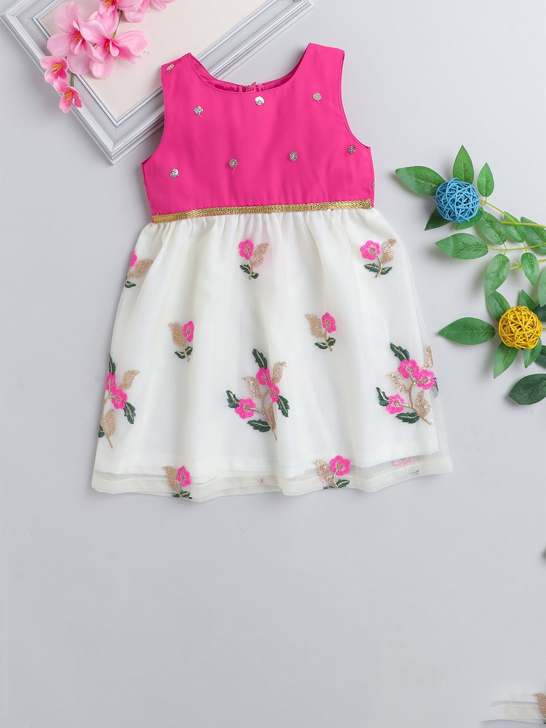 

MANY FROCKS & Girls Floral Embroidered Crepe Fit & Flare Dress, Pink
