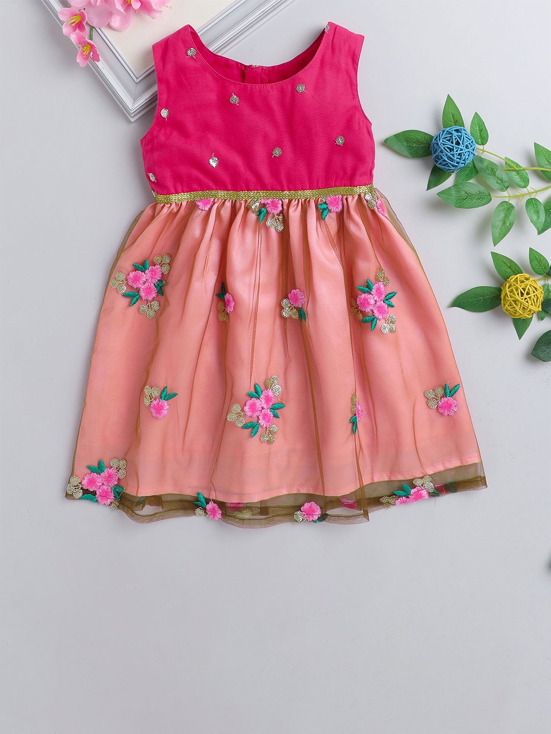 

MANY FROCKS & Girls Floral Embroidered Net Fit & Flare Dress, Peach