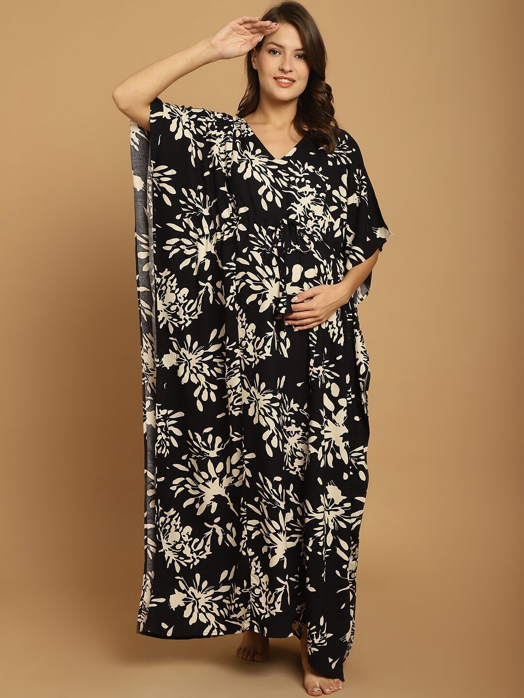 

Secret Wish Floral Printed V-Neck Maxi Kaftan Nightdress, Black