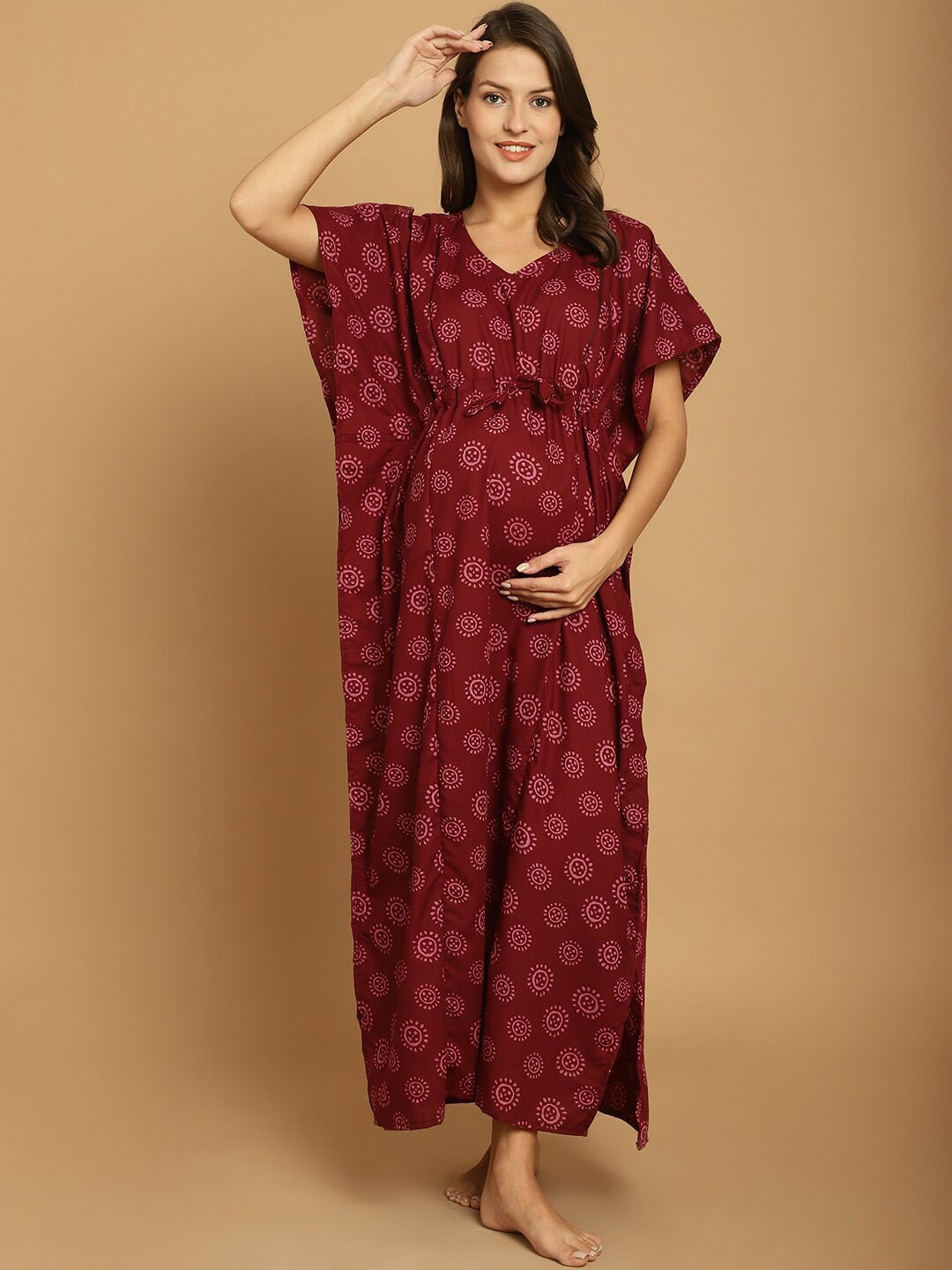 

Secret Wish Geometric Printed Pure Cotton Maternity Kaftan Nightdress, Maroon