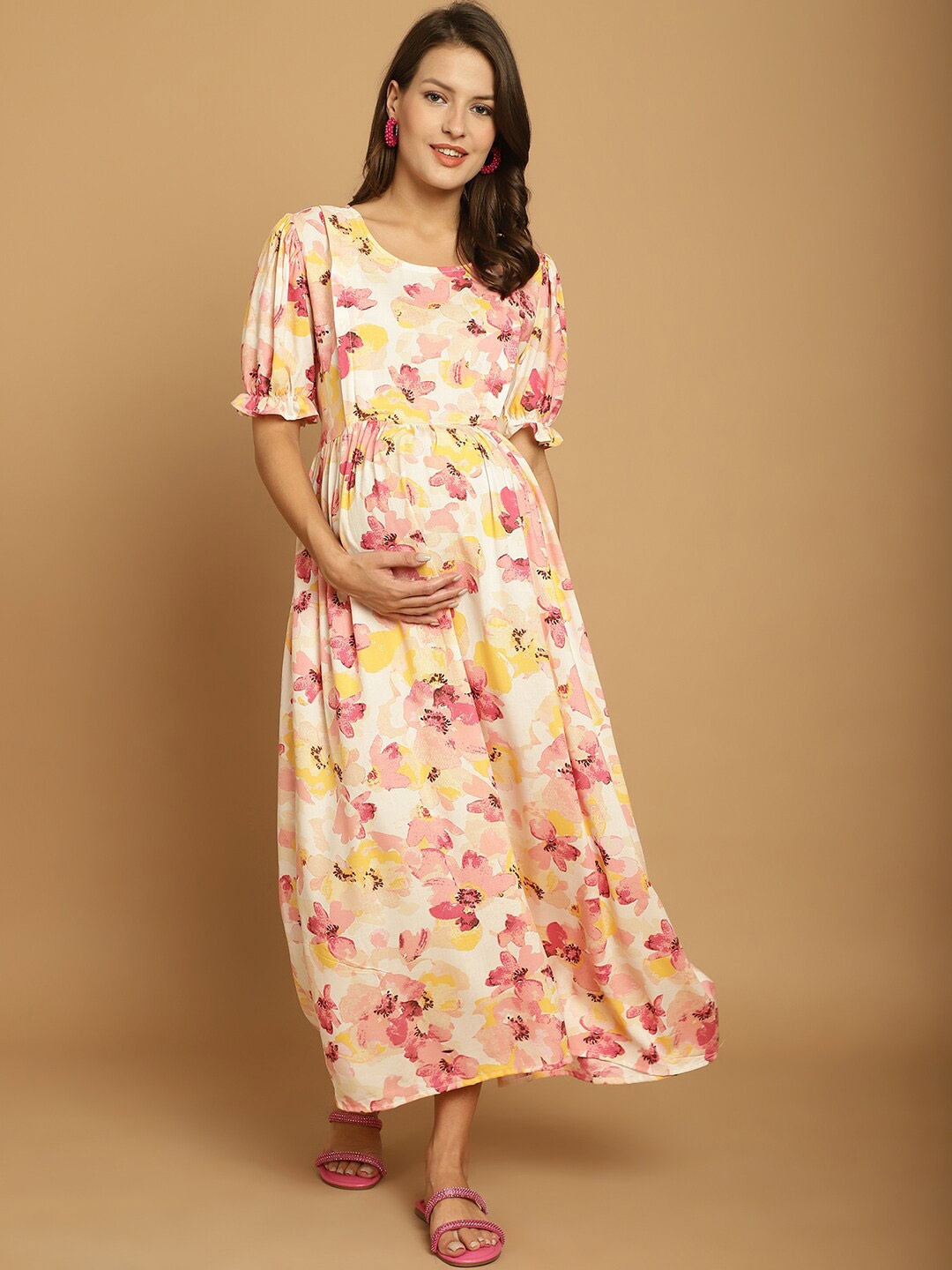 

Secret Wish Floral Print Puff Sleeve Fit & Flare Maternity Maxi Dress, Beige