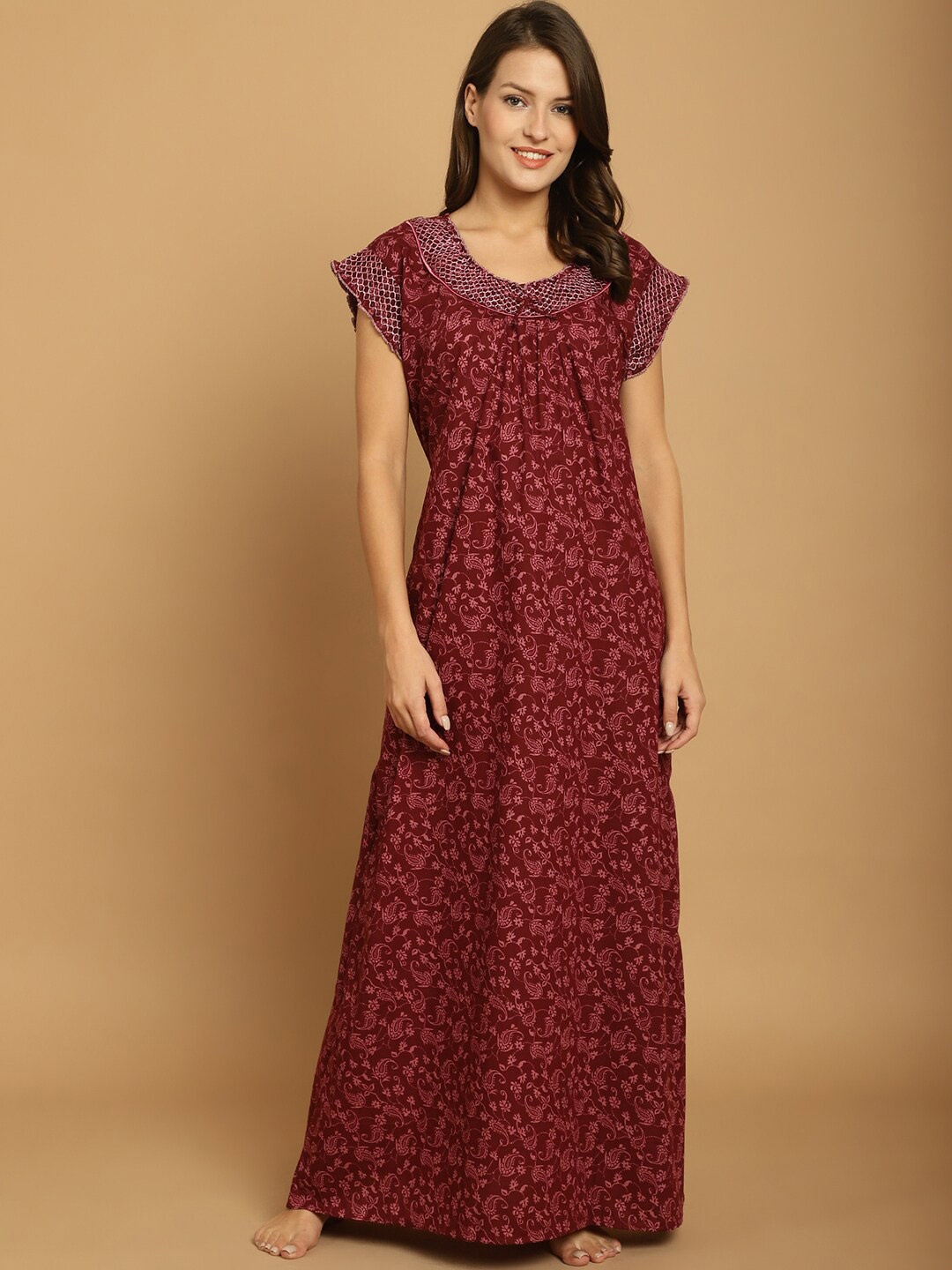 

Secret Wish Ethnic Motifs Printed Cap Sleeves Maxi Pure Cotton Nightdress, Maroon