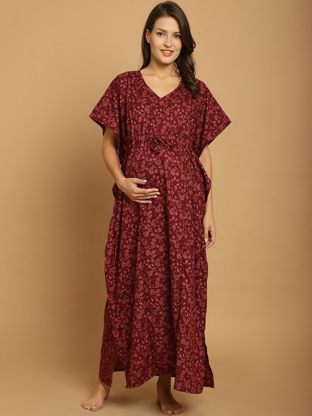 

Secret Wish Printed Maternity Pure Cotton Maxi Kaftan Nightdress, Maroon