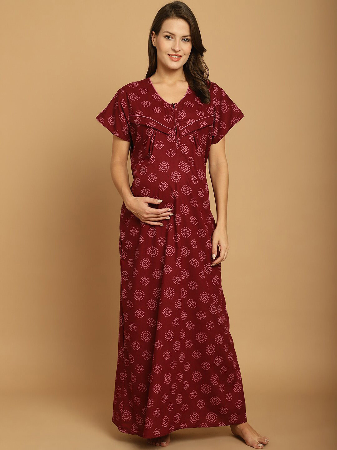

Secret Wish Ethnic Motif Printed Maternity Maxi Nightdress, Maroon