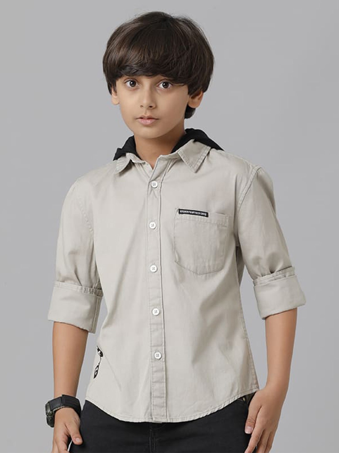 

UNDER FOURTEEN ONLY Boys Hooded Cotton Casual Shirt, Beige