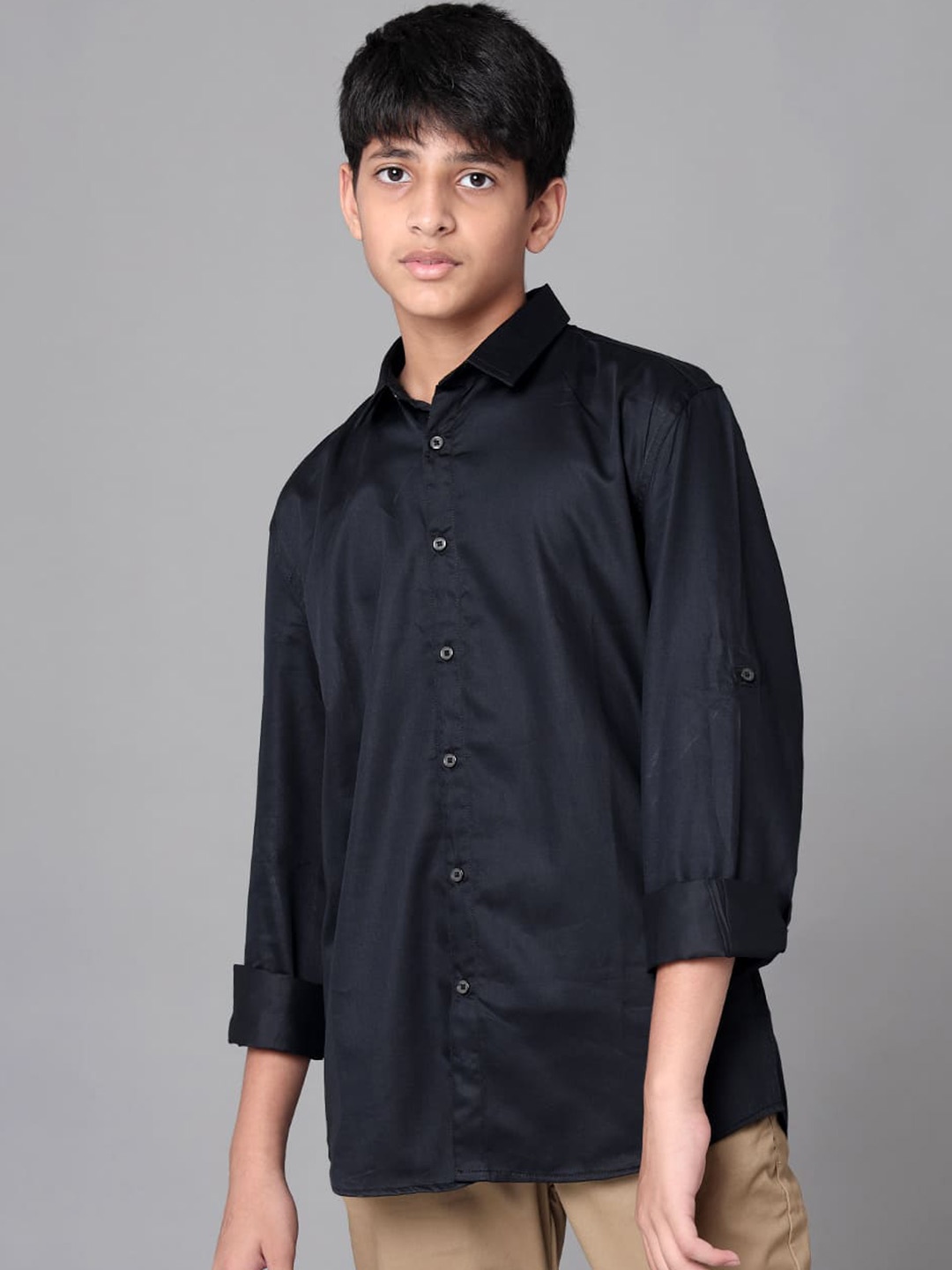 

UNDER FOURTEEN ONLY Boys Spread Collar Cotton Casual Shirt, Black