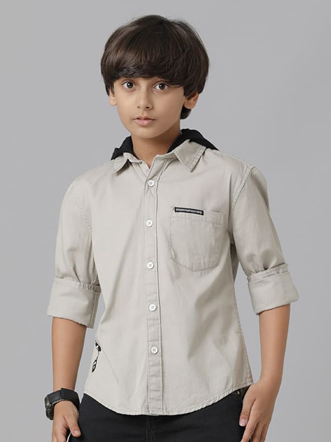 

UNDER FOURTEEN ONLY Boys Hooded Cotton Shirt, Beige