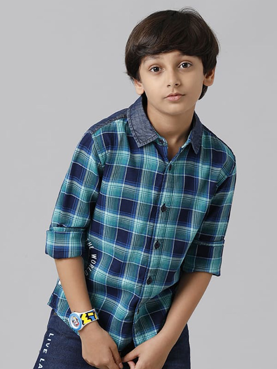 

UNDER FOURTEEN ONLY Boys Tartan Checked Spread Collar Cotton Casual Shirt, Green