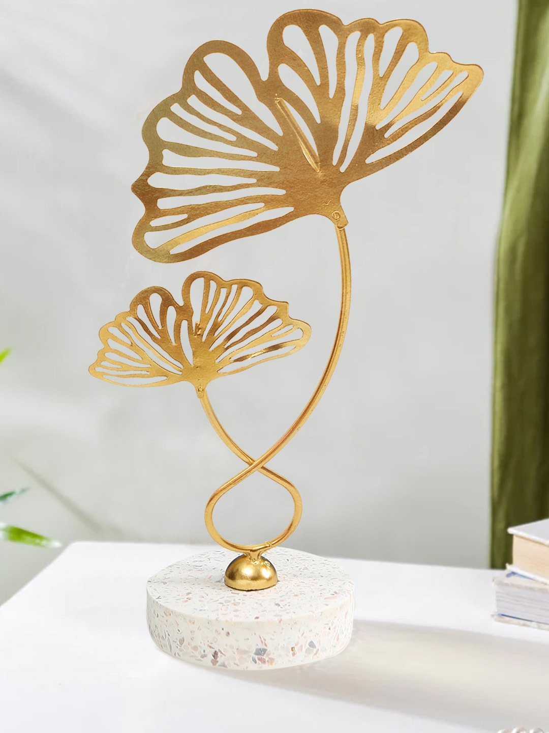 

TIED RIBBONS Gold Toned Metal Leaf Table Decoration Showpiece