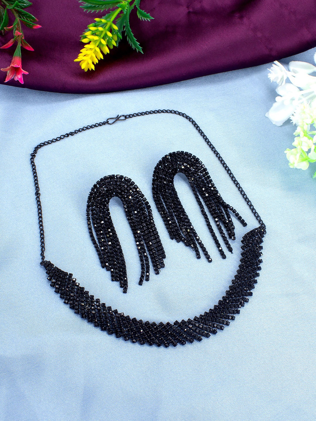 

PRIVIU Embellished Crystal Tasselled Jewellery Set, Black