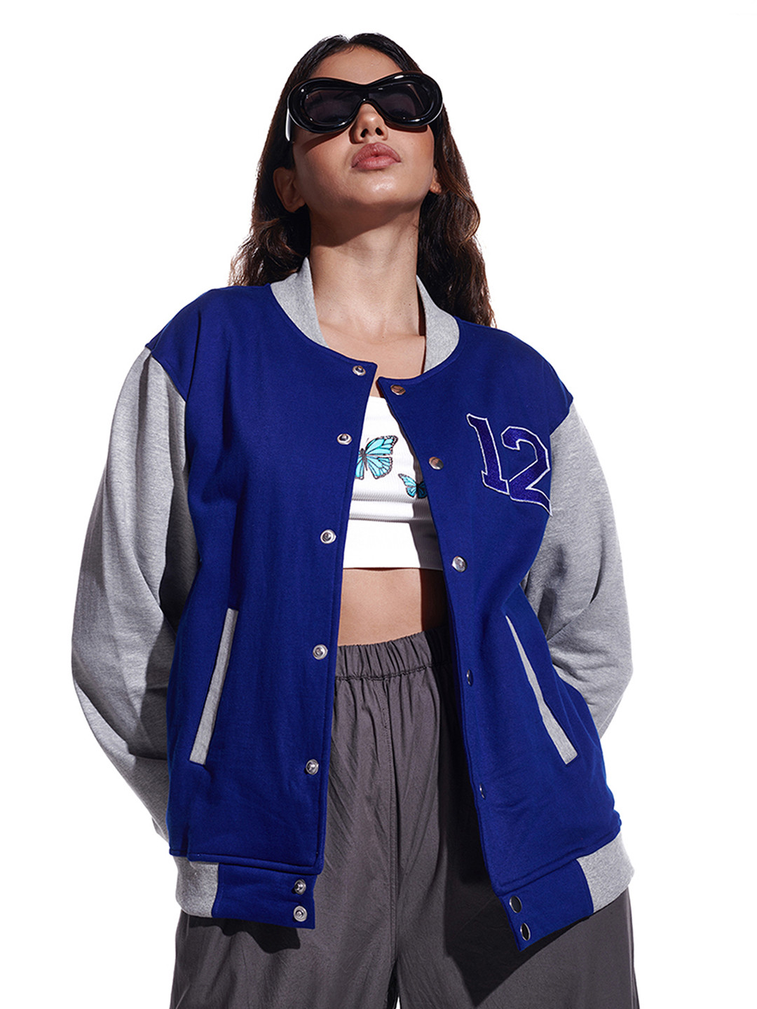 

IZF Colourblocked Embroidered Detail Varsity Jacket, Blue