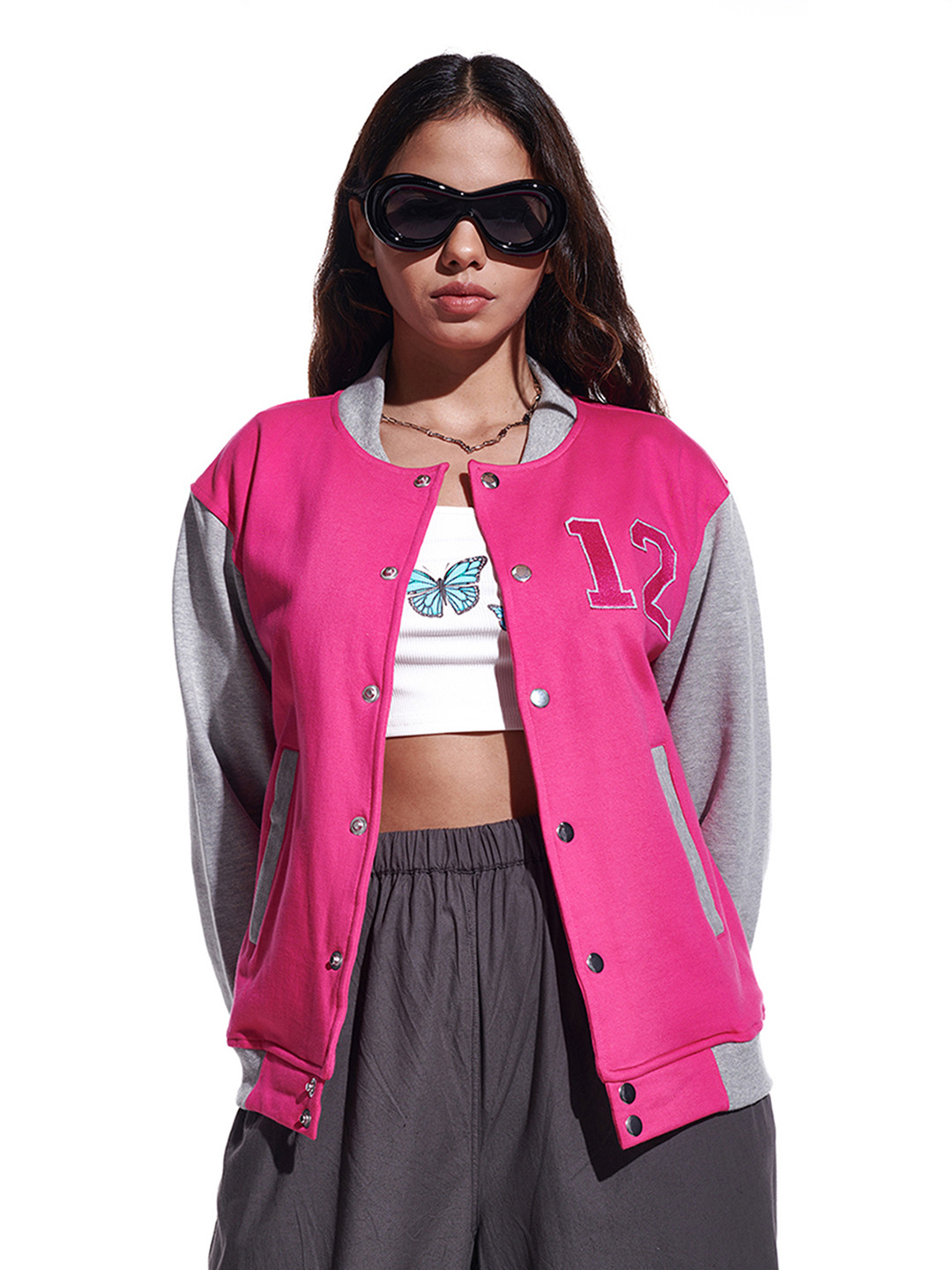 

IZF Colourblocked Embroidered Detail Varsity Jacket, Pink