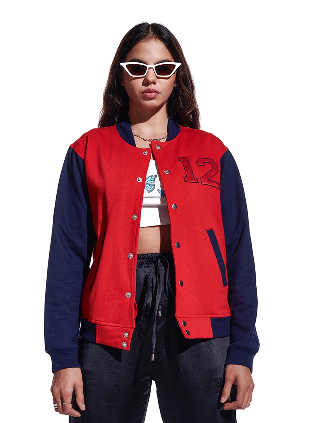 

IZF Colourblocked Embroidered Detail Varsity Jacket, Red