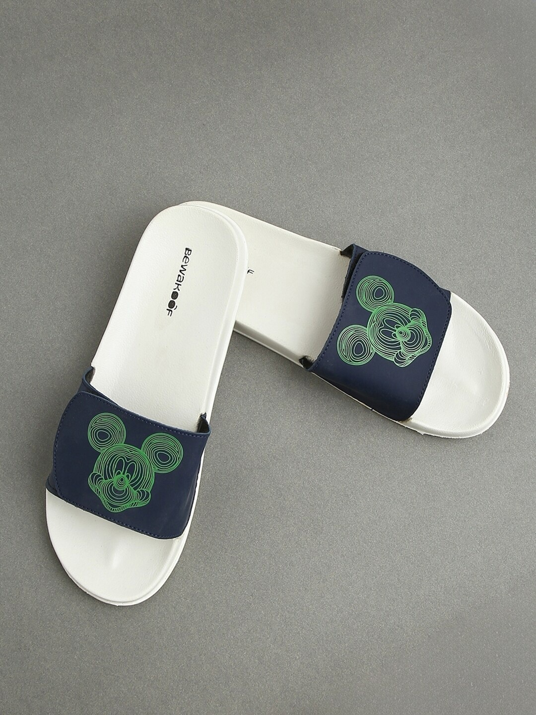 

Bewakoof Women White & Navy Blue Disney Trippy Mickey Printed Velcro Sliders
