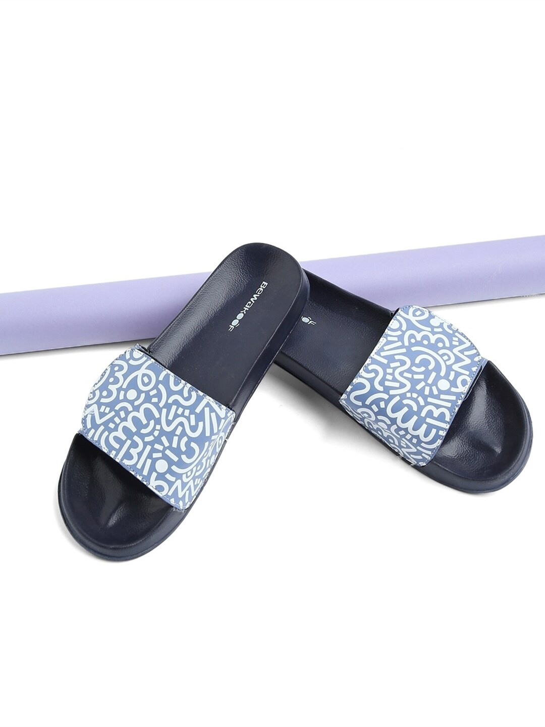 

Bewakoof Women Blue & White Doodle It Printed Velcro Sliders