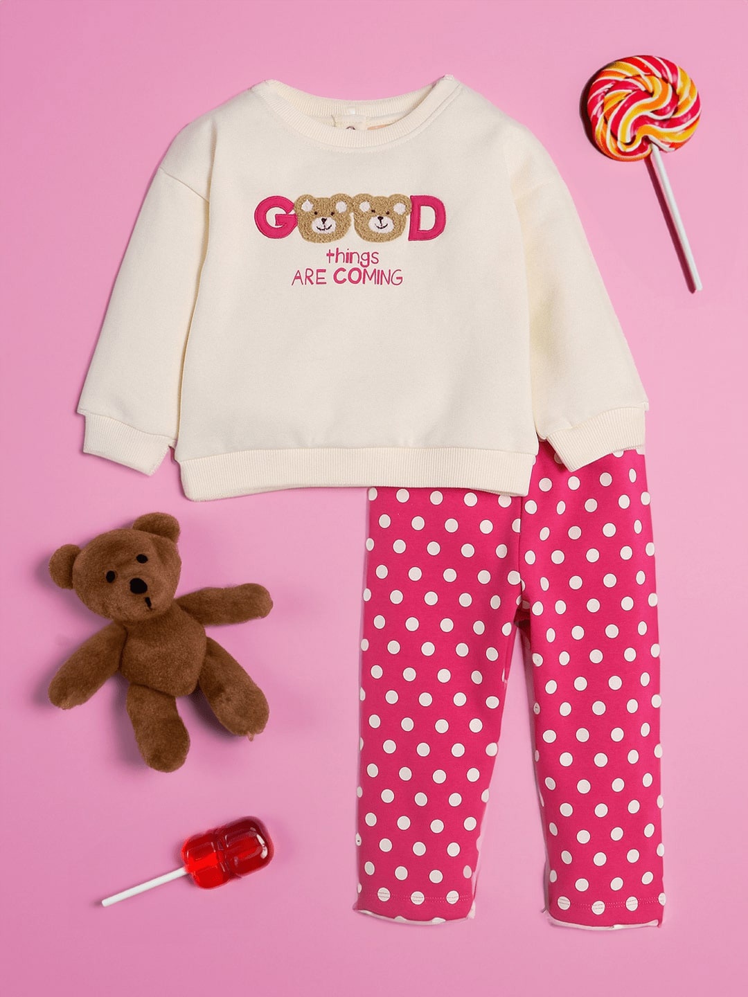 

Nauti Nati Girls Graphic Printed Sweatshirt With Trousers, Off white