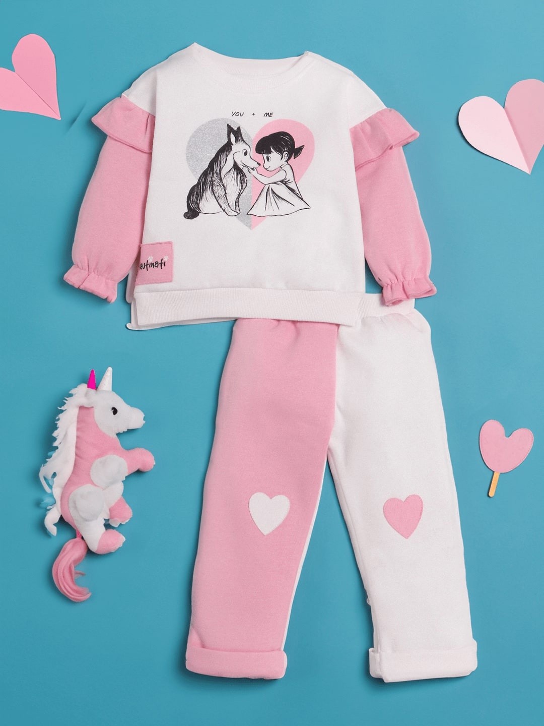 

Nauti Nati Girls Graphic Printed Ruffles Sweatshirt With Trousers, Pink
