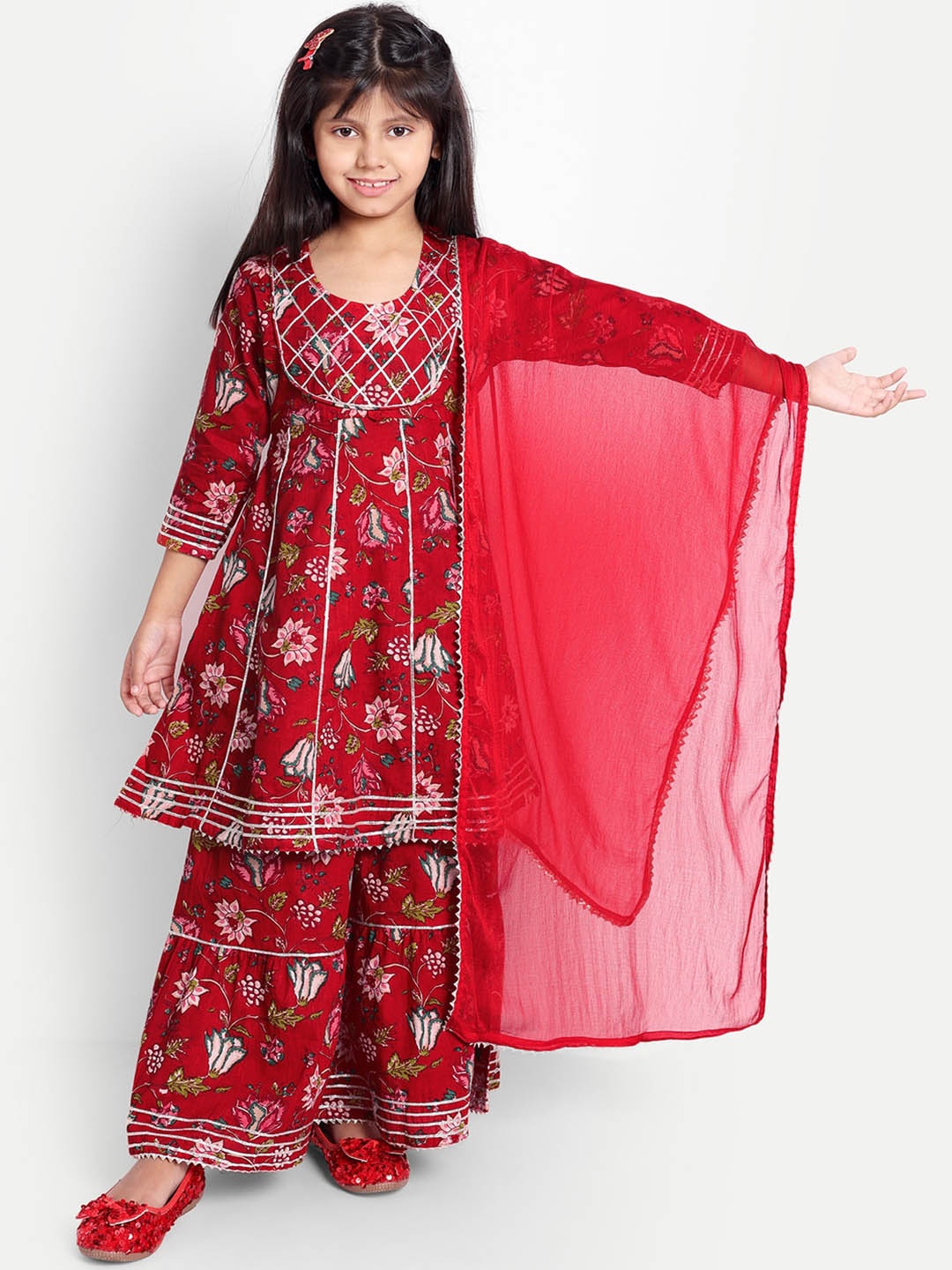 

Ka-mee Girls Floral Printed Gotta Patti Pure Cotton Kurta & Sharara With Dupatta, Red