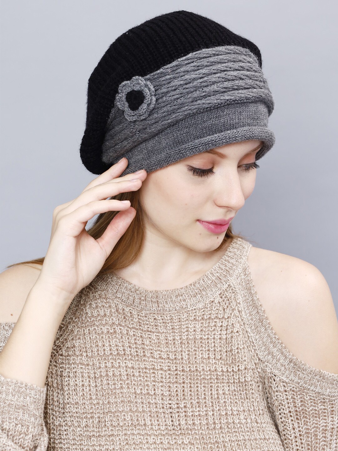 

Bharatasya Women Self Design Acrylic Beanie, Black