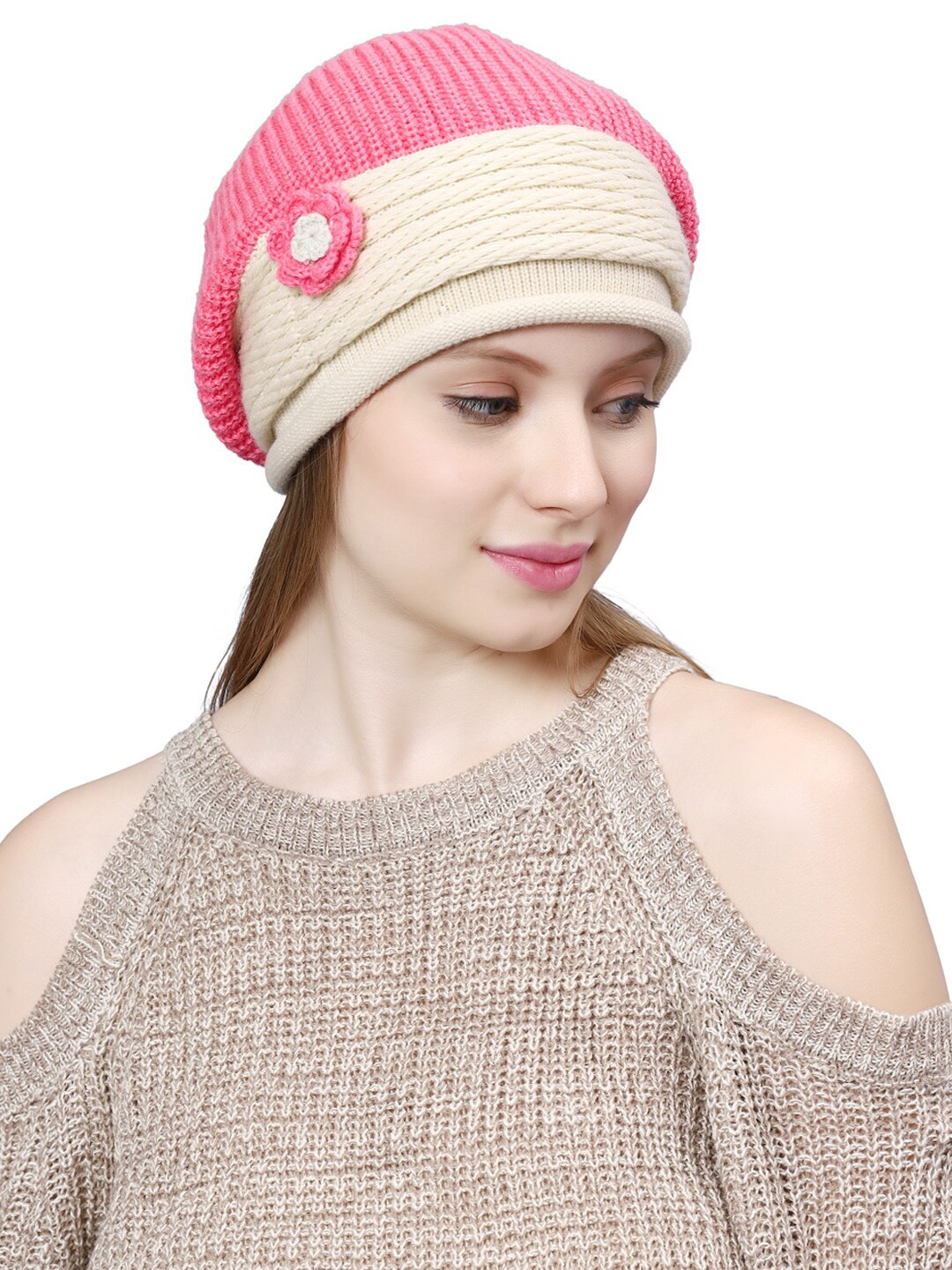 

Bharatasya Women Self Design Acrylic Beanie, Pink