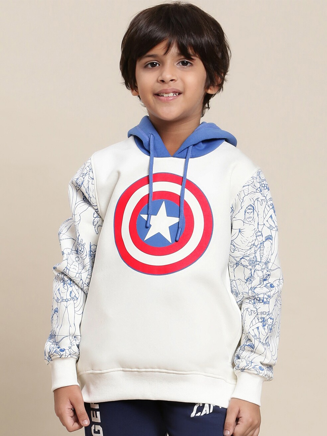 

Kids Ville Boys Captain America Printed Hooded Pullover Sweatshirt, Off white