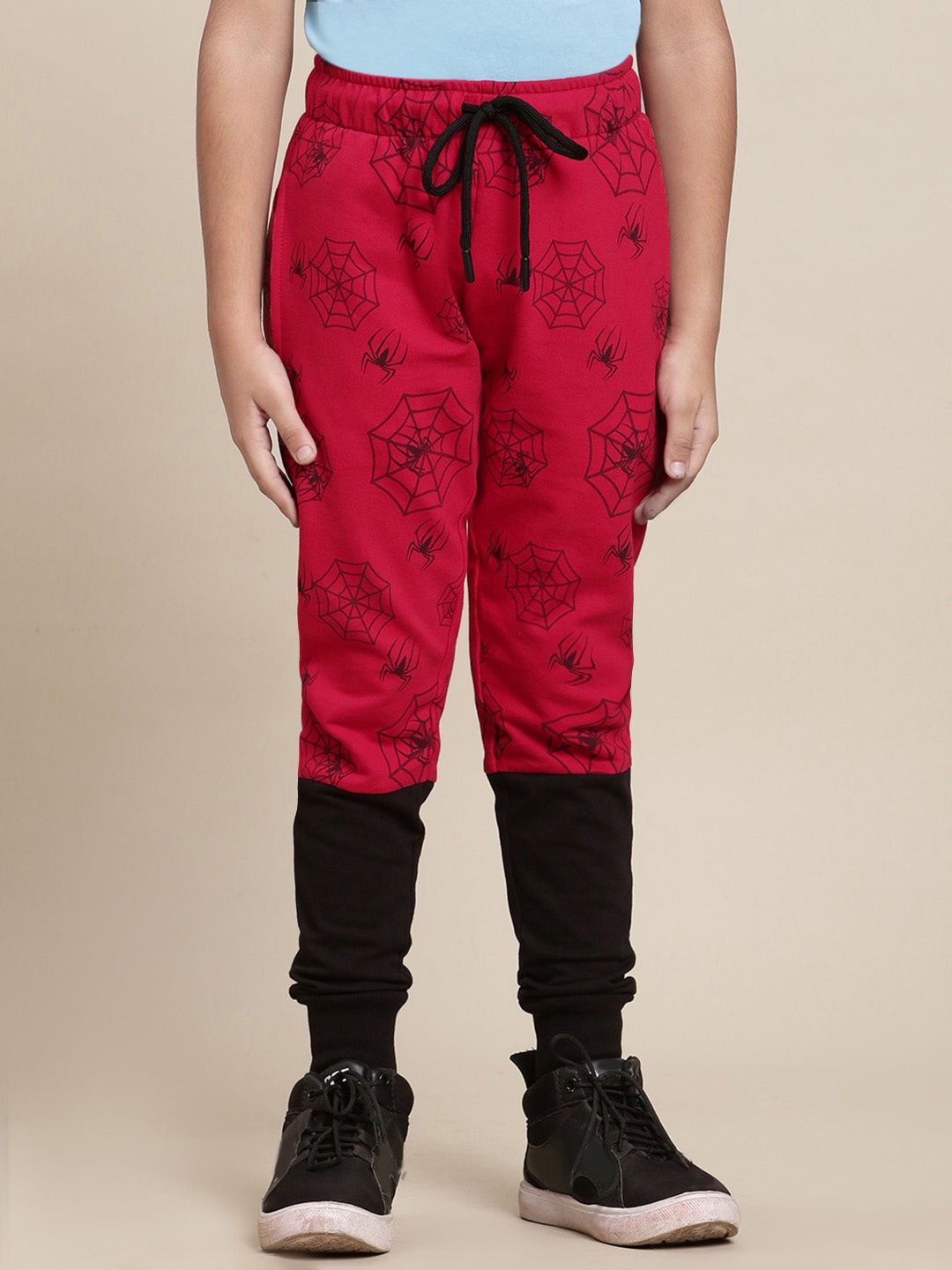 

Kids Ville Boys Spiderman Printed Mid Rise Cotton Joggers, Red