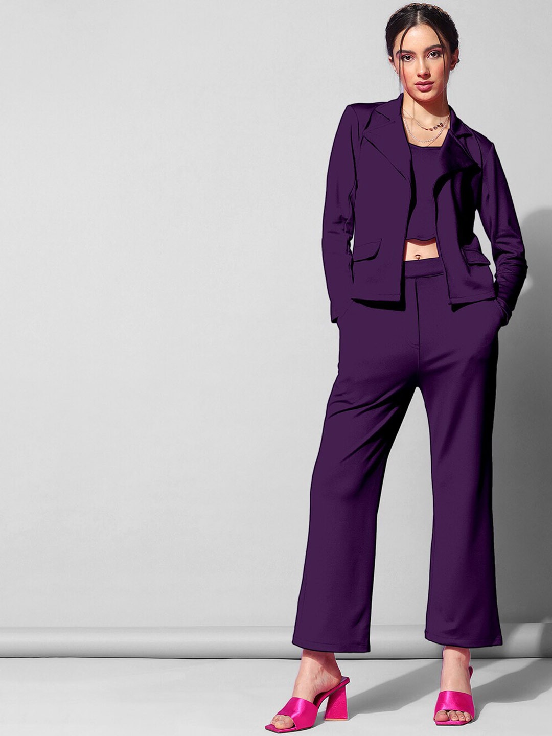

KALINI Crop Top With Notched Lapel Collar With Trouser & Blazer Co-Ords, Purple