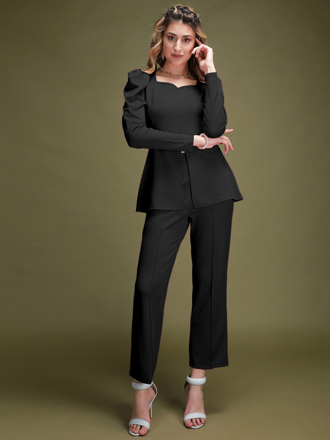 

KALINI Sweetheart Neck Crop Top With Trousers Co-Ords, Black