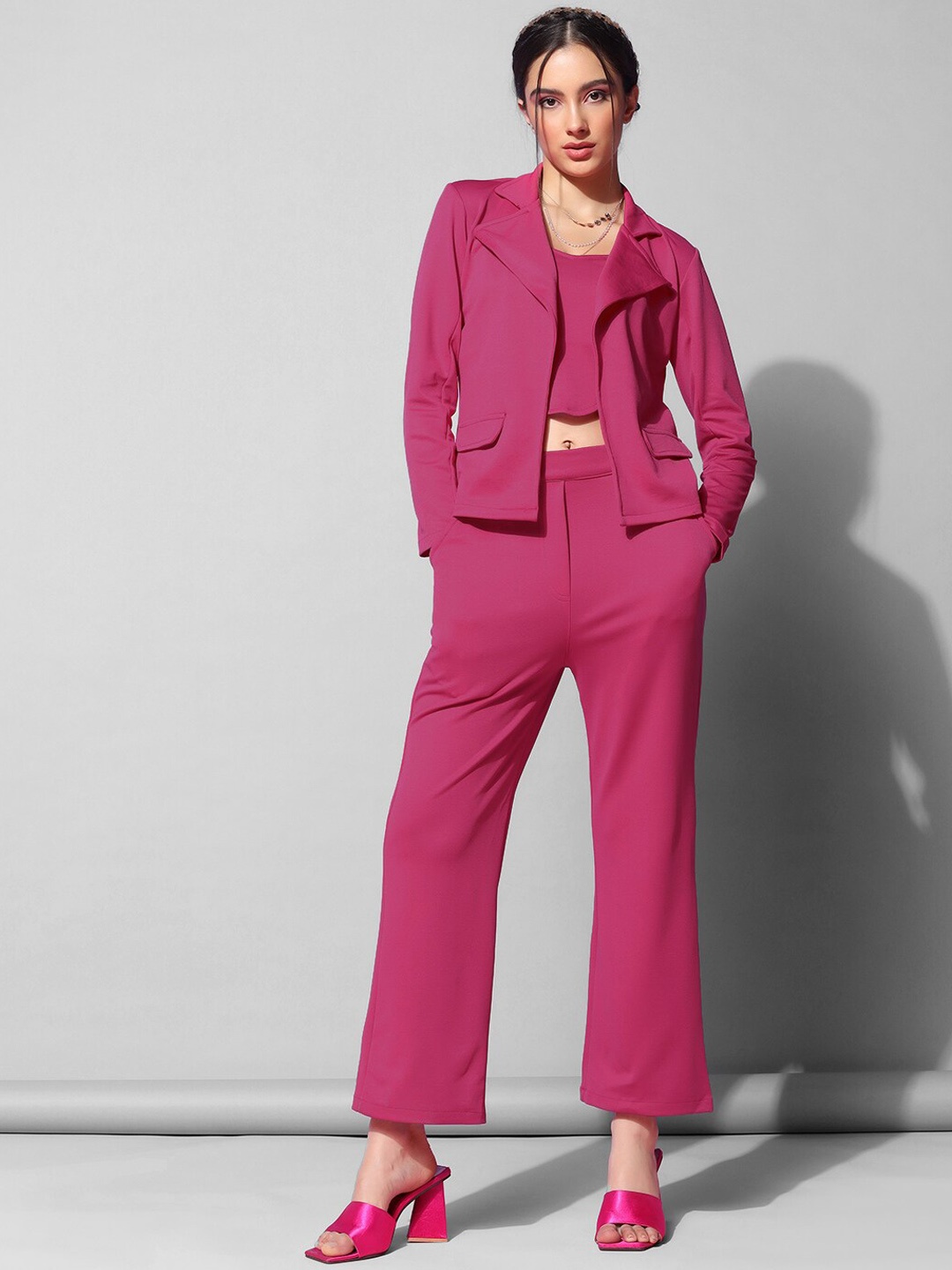 

KALINI Crop Top With Notched Lapel Collar With Trouser & Blazer Co-Ords, Pink