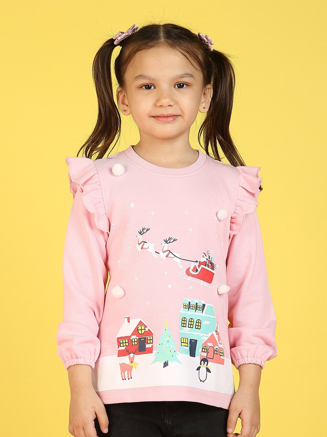 

Nauti Nati Girls Conversational Printed Ruffled Pullover, Pink