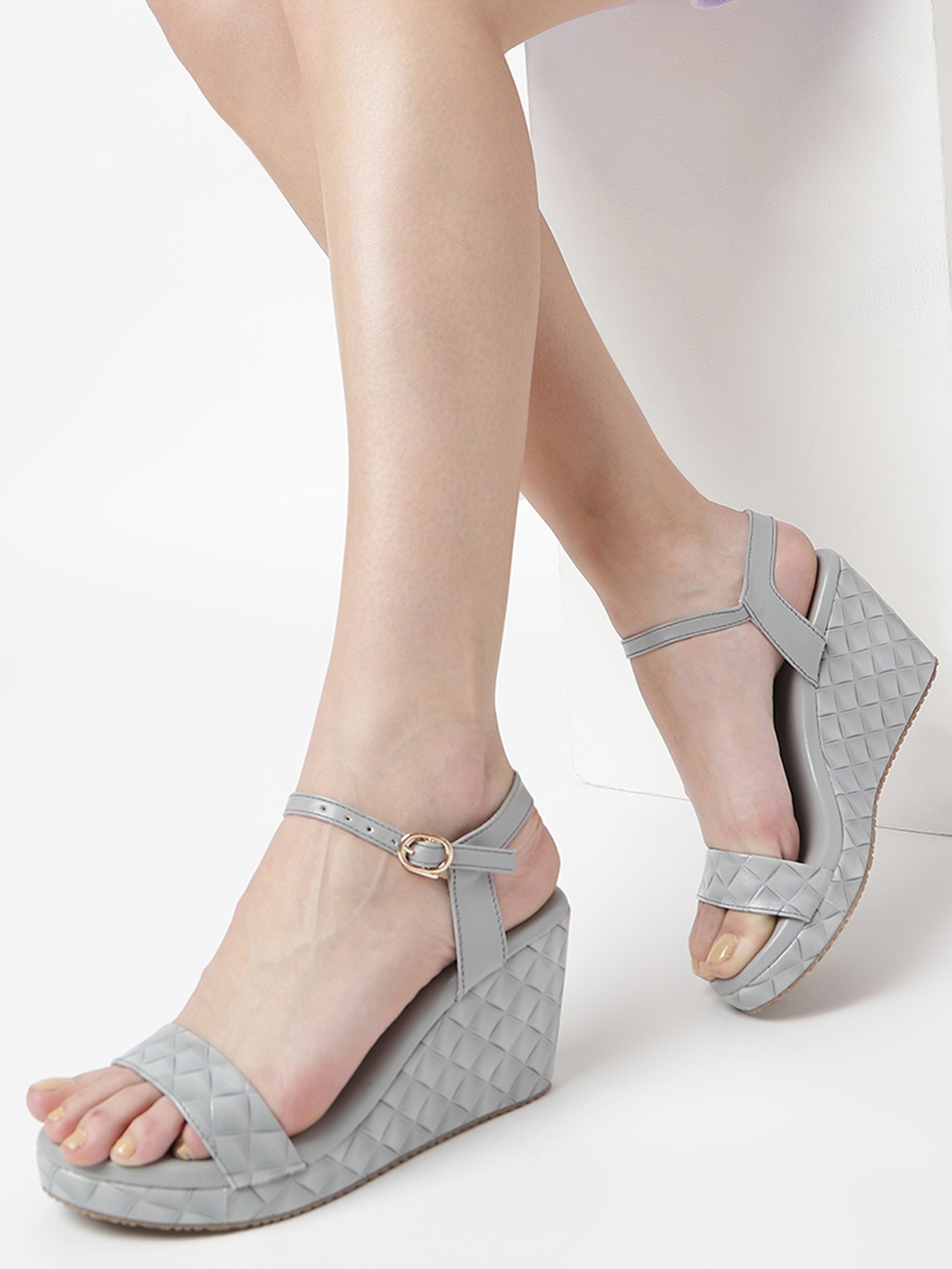 

Marc Loire Printed Open Toe Wedge Heels With Buckles, Grey