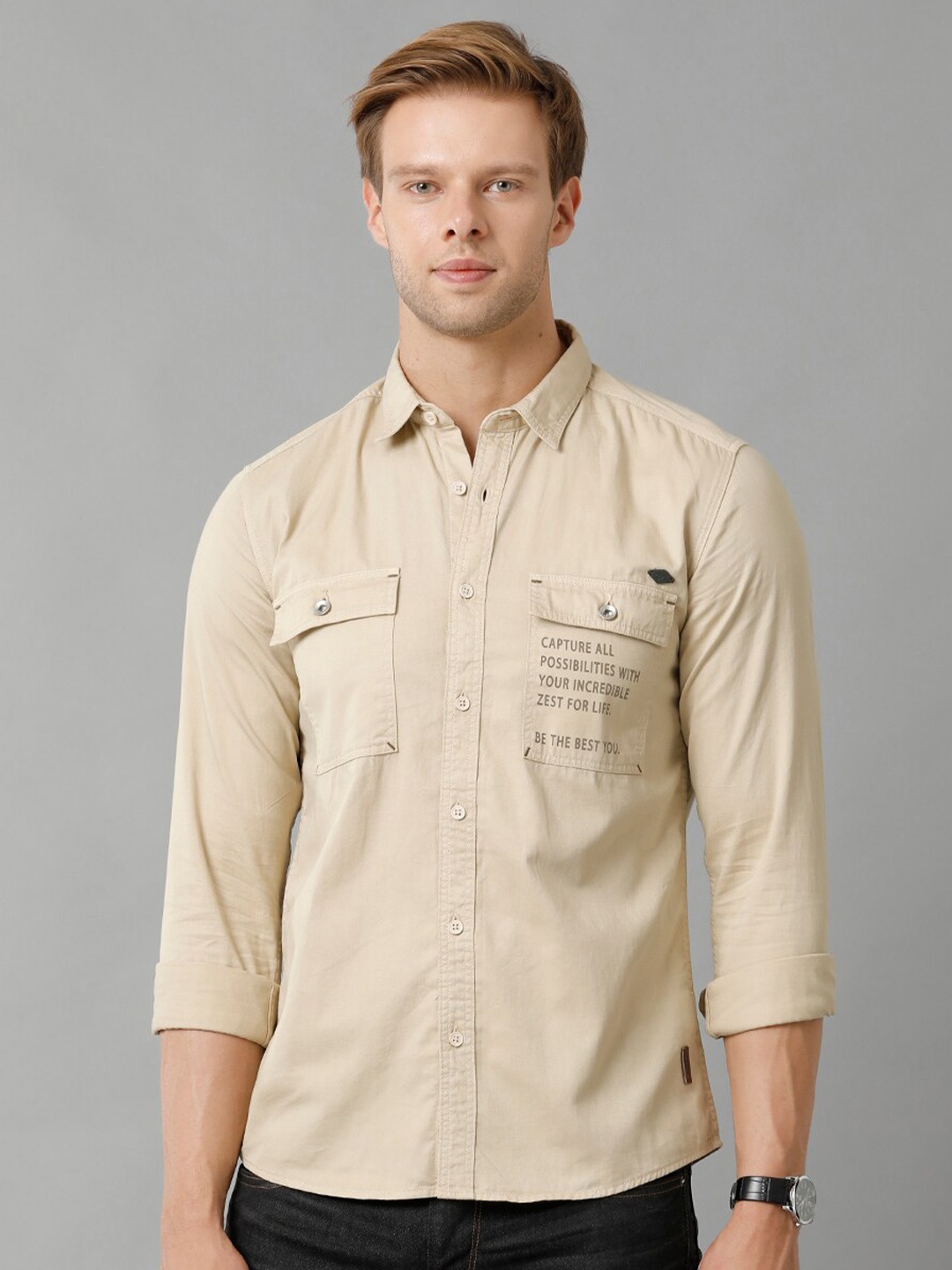 

Voi Jeans Slim Fit Spread Collar Pure Cotton Casual Shirt, Beige