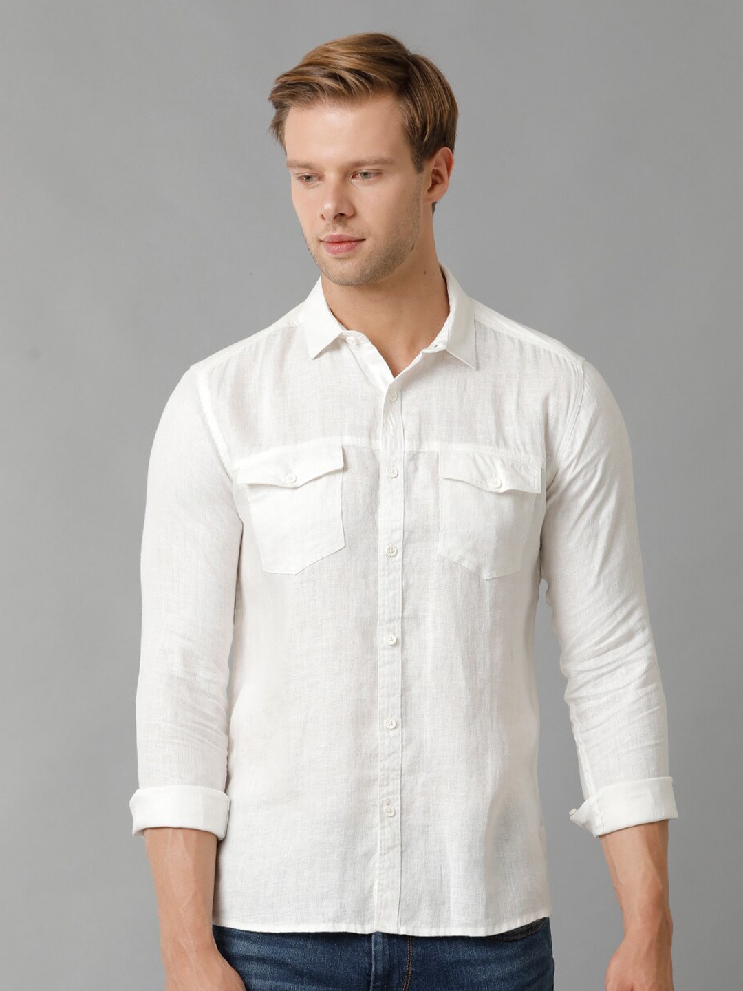 

Voi Jeans Slim Fit Spread Collar Linen Casual Shirt, Off white