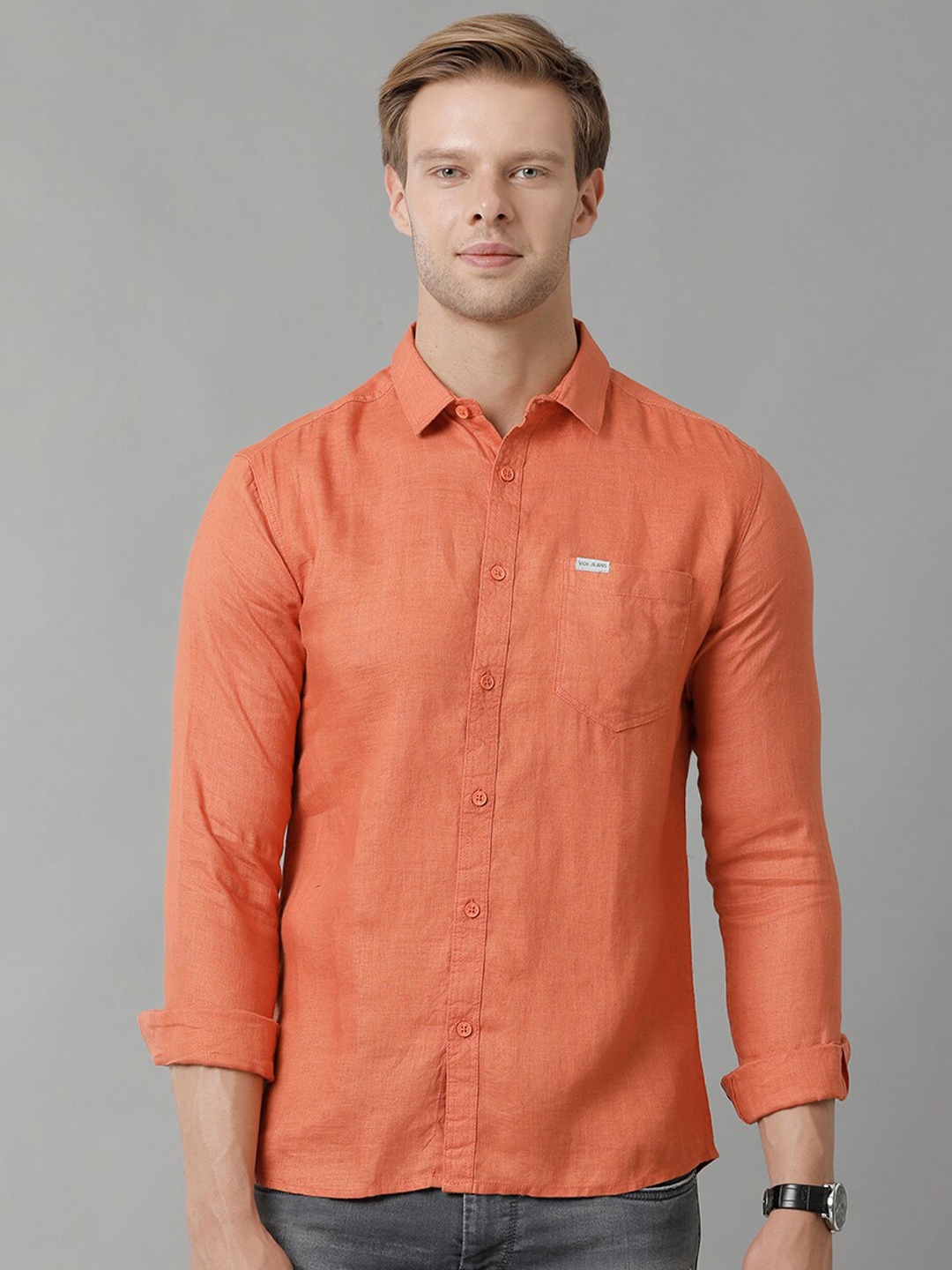 

Voi Jeans Slim Fit Spread Collar Linen Casual Shirt, Orange