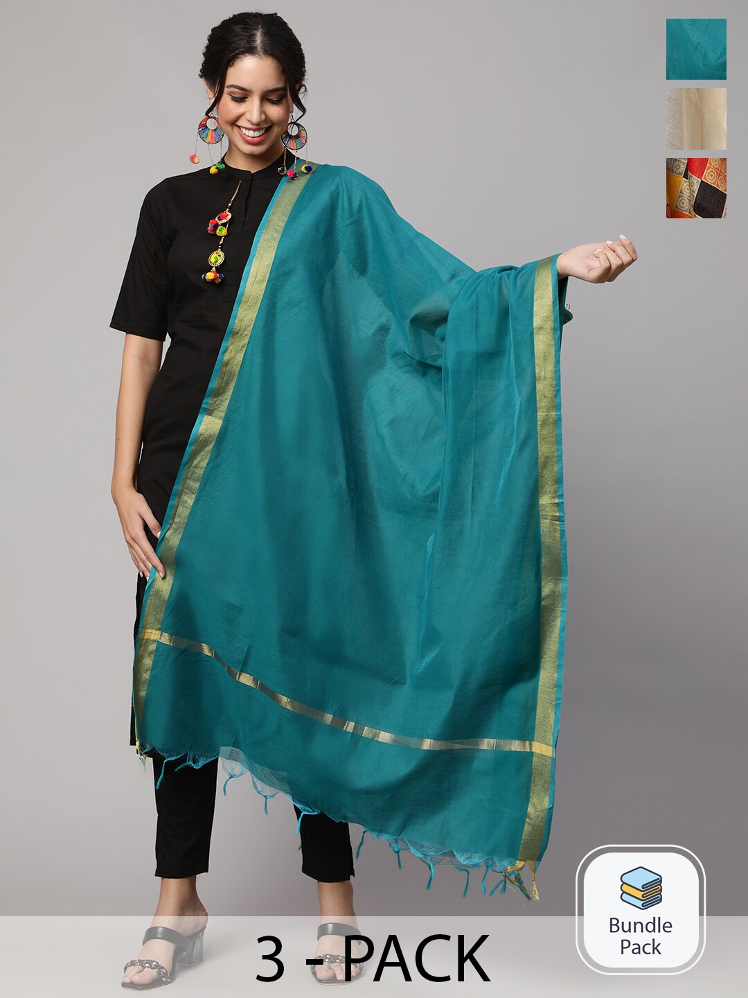 

Nayo Selection Of 3 Zari Detail Dupatta, Green