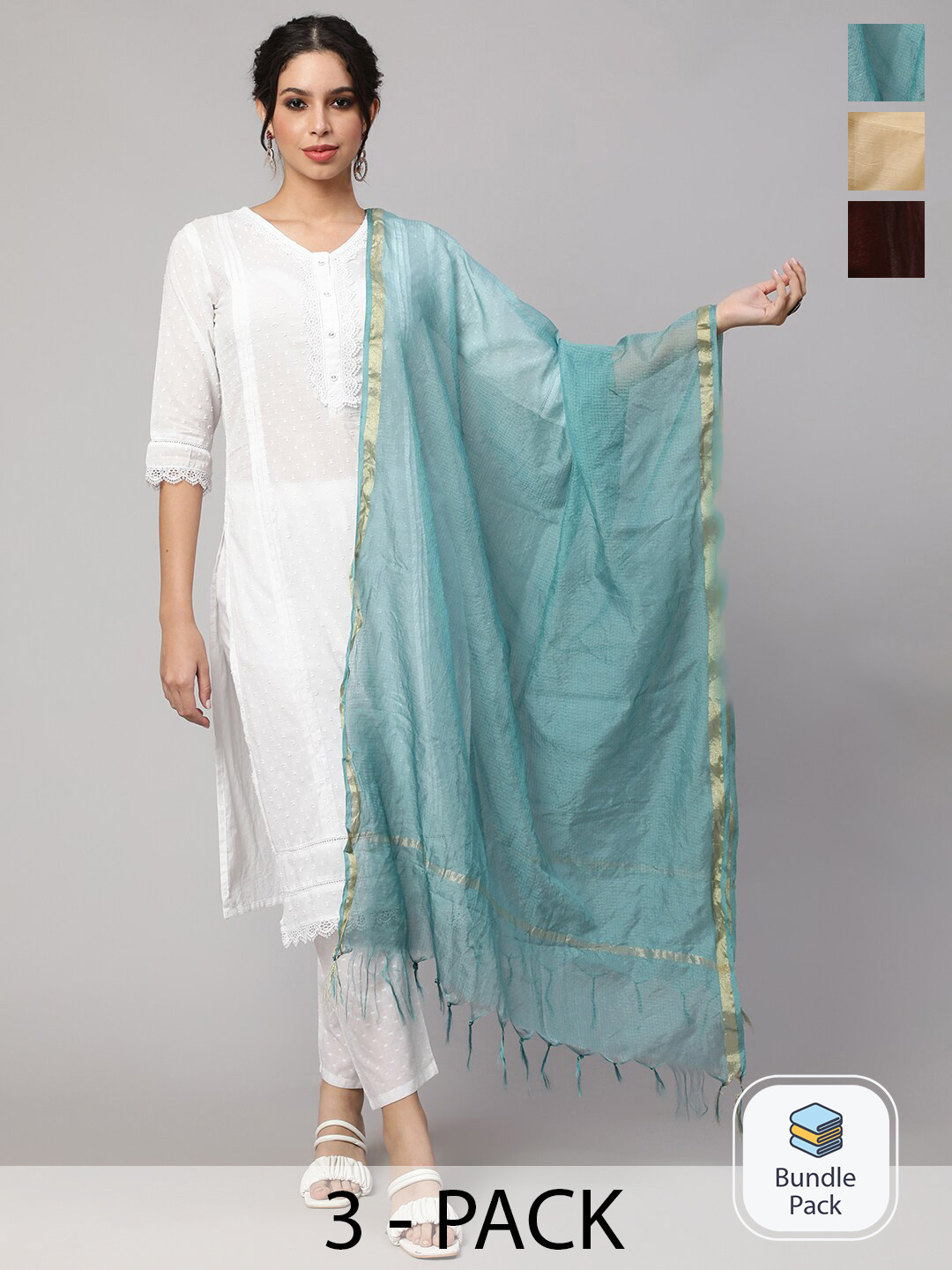 

Nayo Pack Of 3 Tasselled Dupatta, Brown