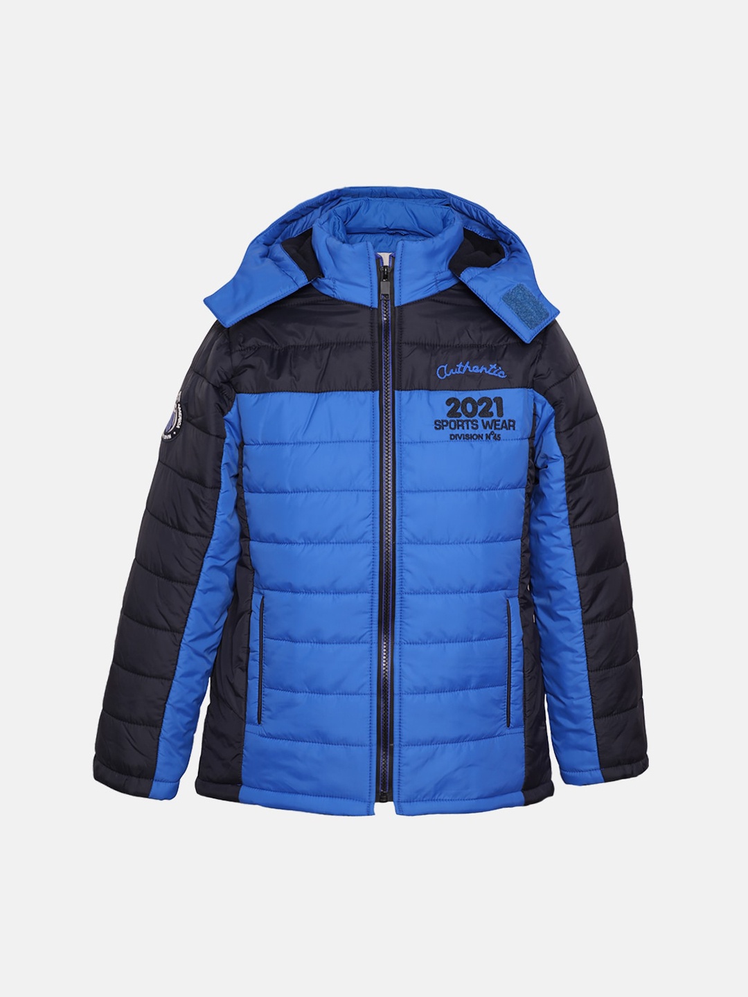 

CHKOKKO Boys Colourblocked Hooded Puffer Jacket, Blue