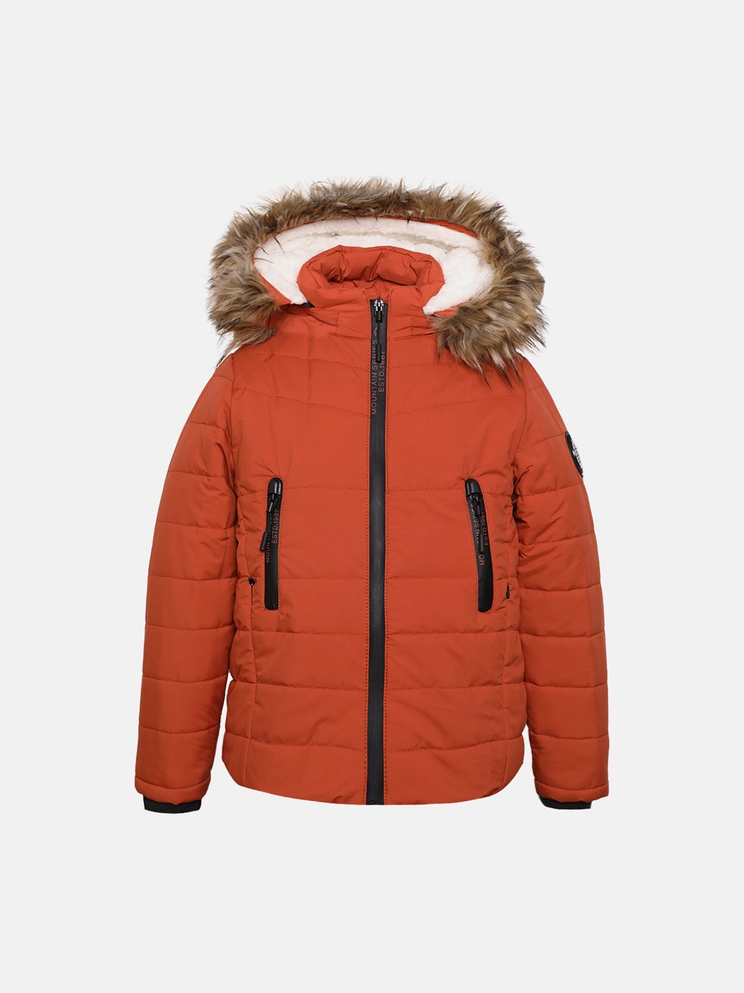 

CHKOKKO Boys Hooded Faux Fur Trim Puffer Jacket, Rust
