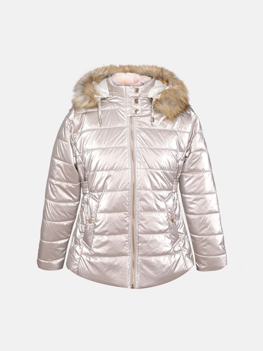 

CHKOKKO Girls Hooded Long Sleeves Faux Fur Trim Puffer Jacket, Silver