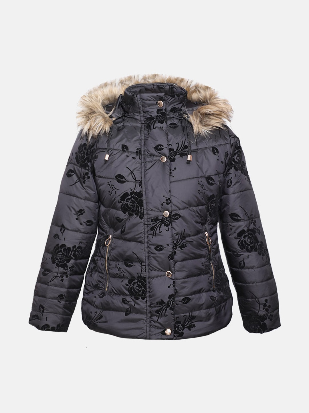 

CHKOKKO Girls Floral Printed Hooded Faux Fur Trim Puffer Jacket, Black