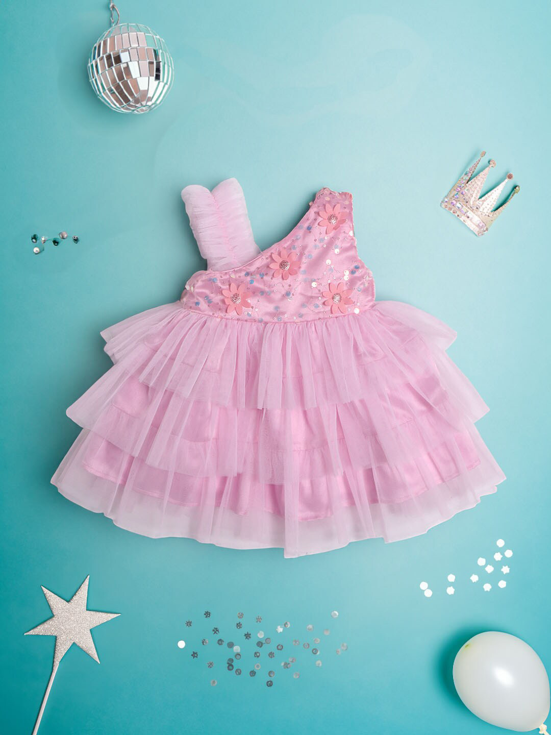 

Nauti Nati Girls Floral Self Design Sequinned Net Fit & Flare Dress, Pink