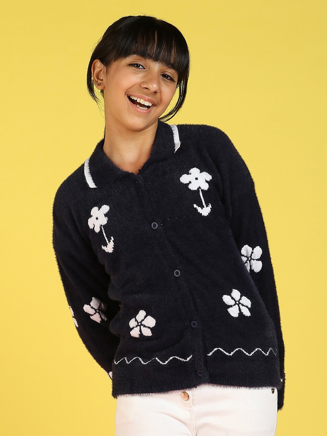 

Natilene Girls Floral Self Design Acrylic Cardigan Sweater, Navy blue
