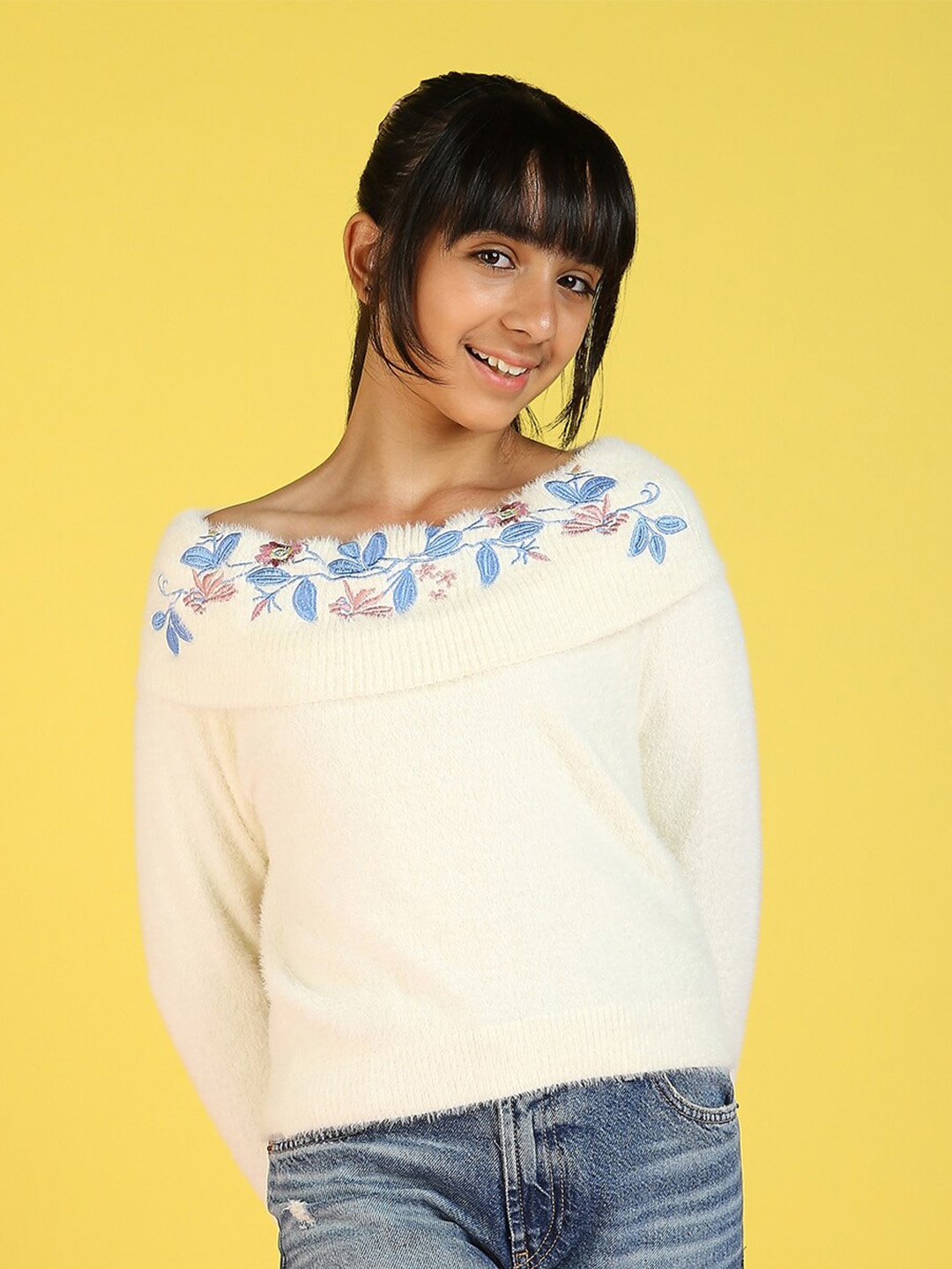 

Natilene Girls Floral Embroidered Off Shoulder Pullover Sweaters With Fuzzy Detail, White