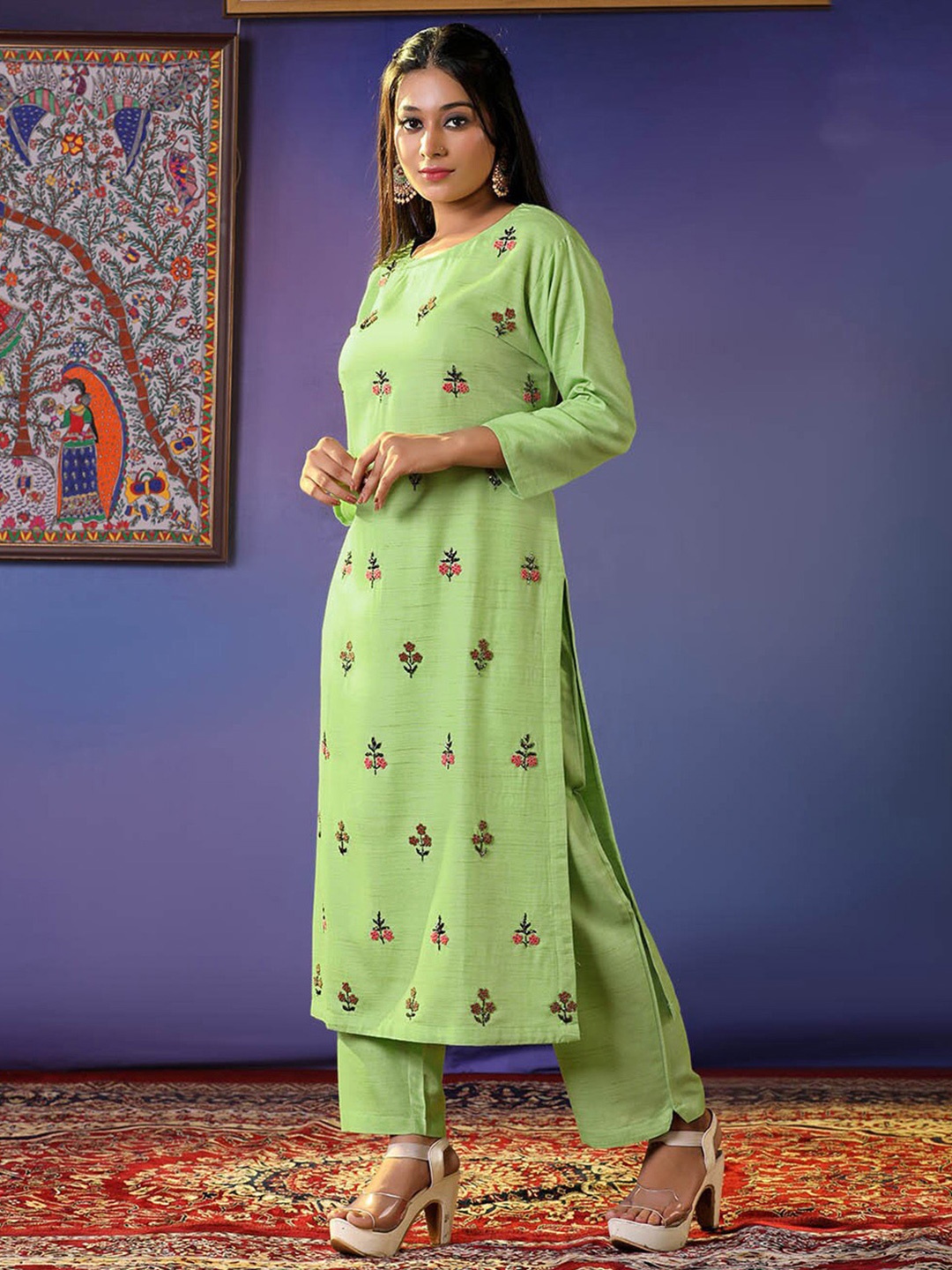 

HALFSAREE STUDIO Floral Embroidered Pure Cotton Kurta With Trousers, Green
