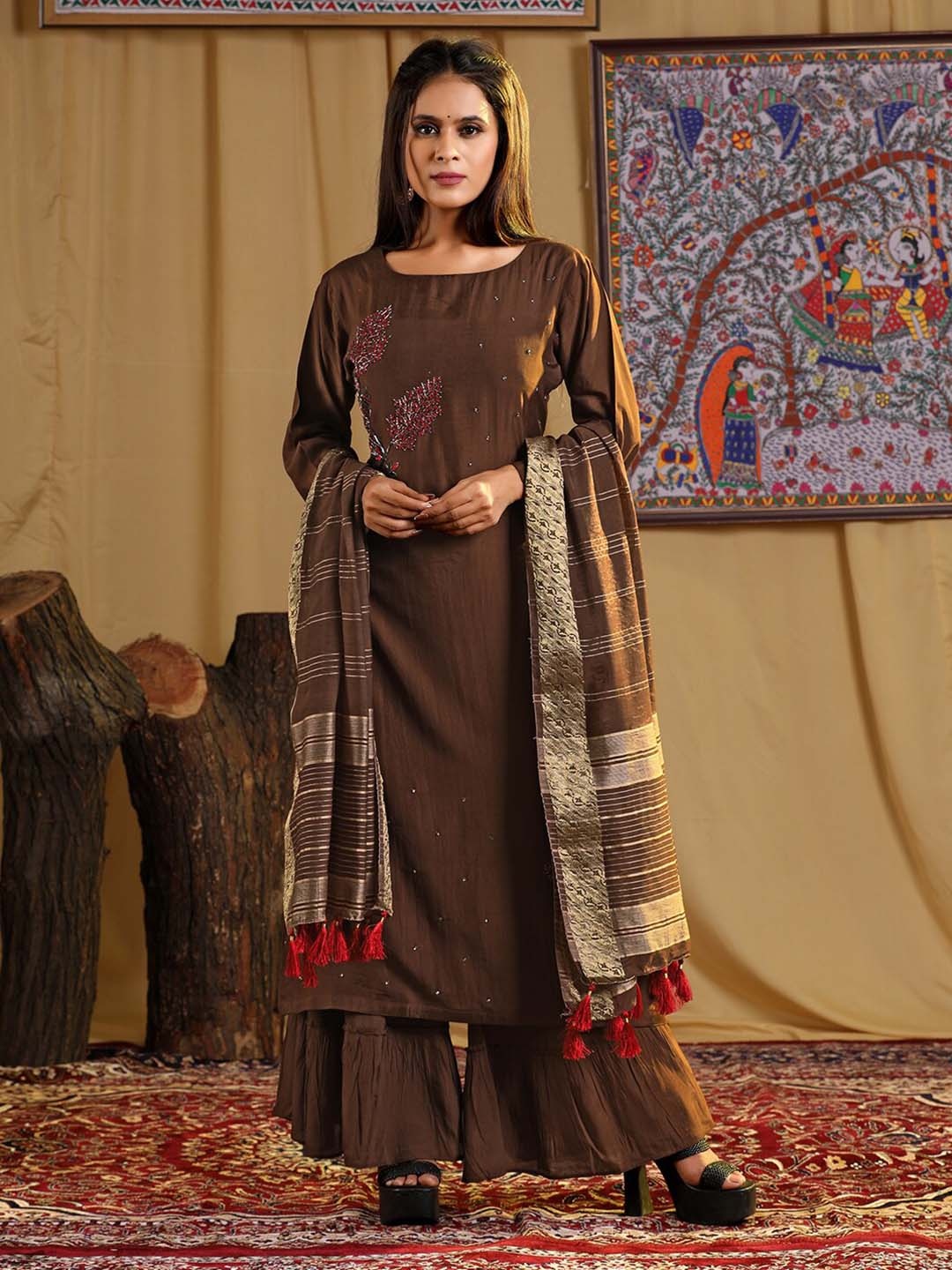

HALFSAREE STUDIO Ethnic Motifs Embroidered Sequined Kurta With Sharara & Dupatta Set, Brown