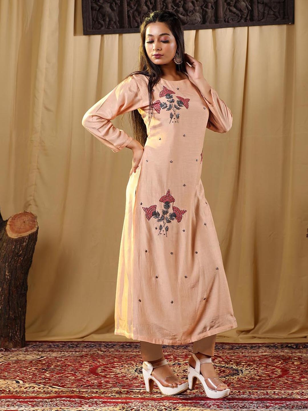 

HALFSAREE STUDIO Floral Embroidered Round Neck Long Sleeve Straight Art Silk Kurta Set, Peach