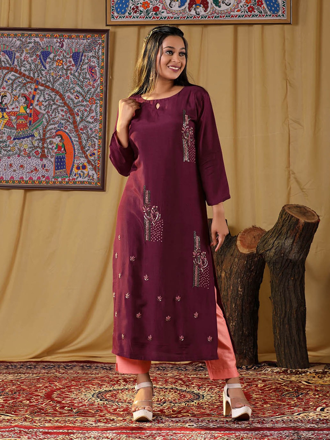 

HALFSAREE STUDIO Ethnic Embroidered Straight Kurta, Maroon