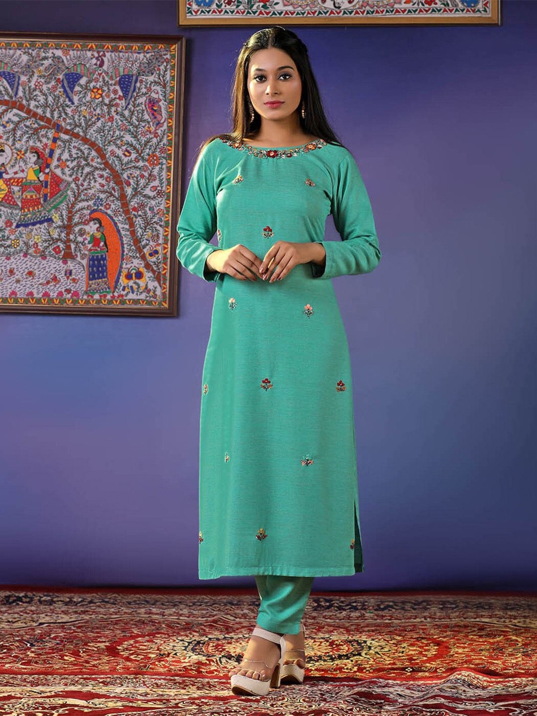 

HALFSAREE STUDIO Floral Embroidered Beads & Stones Cotton Straight Kurta, Sea green