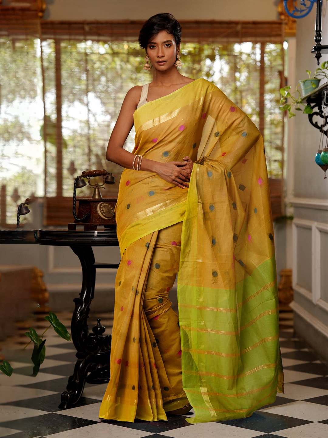 

Unnati Silks Woven Design Zari Pure Cotton Mangalagiri Saree, Green