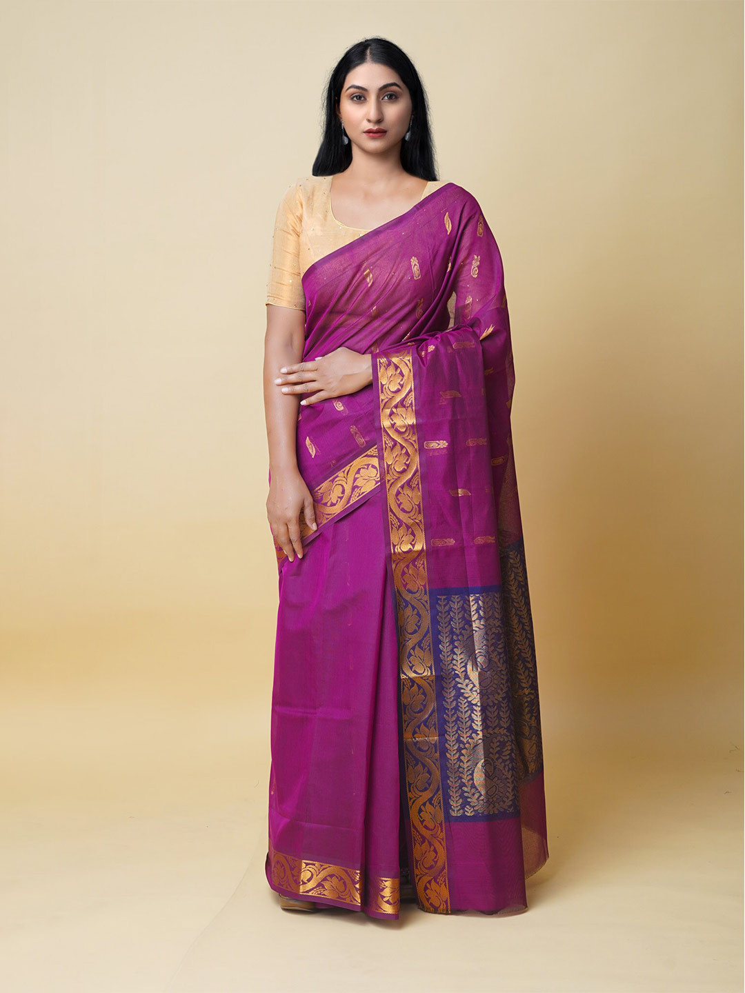 

Unnati Silks Ethnic Motifs Woven Design Zari Pure Cotton Handloom Gadwal Saree, Purple